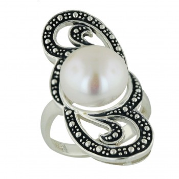 Sterling Silver Ring 12mm White Fresh Water Pearl with Open Oxidized Swirl