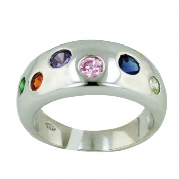 Sterling Silver Ring Pink+Cn.Yellow.+Amethyst+Garnet Cubic Zirconia+Sapphire+Emerald Green