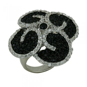 Sterling Silver Ring 4 Petals Flower with Clear Cubic Zirconia&Black Cubic Zirconia (Blac