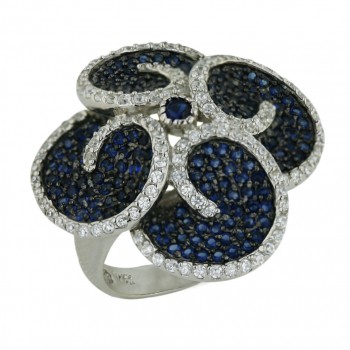 Sterling Silver Ring 4 Swirl Sapphire (Black Plating) Petal Flower