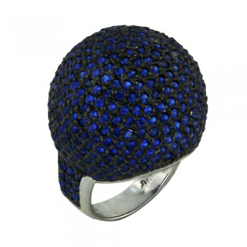 Sterling Silver Ring Sapphire Blue Synthetic Spinel Pave 25mm Ball Dome &Black Rhodium