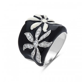 Sterling Silver Ring 2 White Enamel+Clear Cubic Zirconia Flower+Black Enamel Co