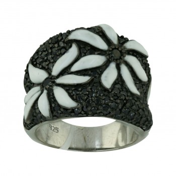 Sterling Silver Ring 2 White Enamel Flower+Black Cubic Zirconia (Black Plate