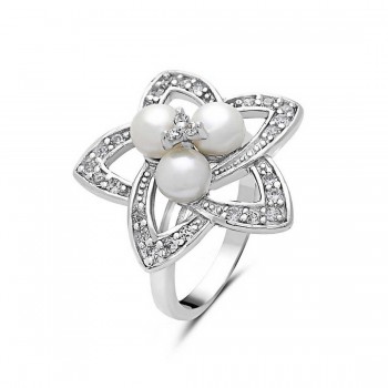 Sterling Silver Ring Triple 5mm White Fresh Water Pearl with Open Clear Cubic Zirconia Flower