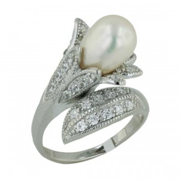 Sterling Silver Ring 8mm White Fresh Water Pearl Tulip with Clear Cubic Zirconia Flower Petals--