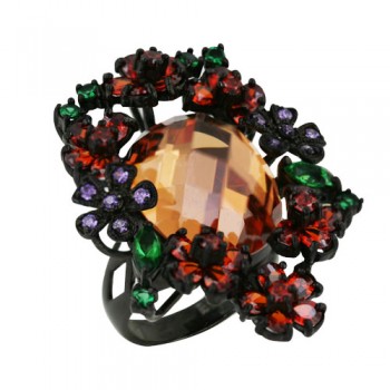 Sterling Silver Ring Oval Faceted Champagne Cubic Zirconia with Black Rhodium Plate Cluster Flowers in Multicolor
