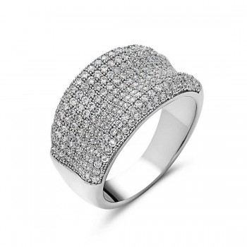 Sterling Silver Ring (W=11mm) Micropave Clear Cubic Zirconia Concave Band