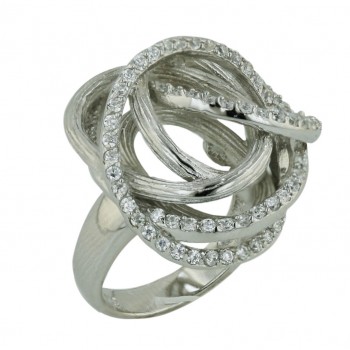 Sterling Silver Ring L=27mm Clear Cubic Zirconia+Lines Texture Rhodium Plating Plate Cel