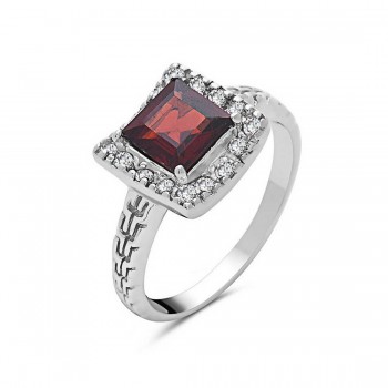 Sterling Silver Ring 12X12mm Mozambigue Garnet Topaz Square with White To