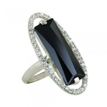 Sterling Silver Ring 24X8mm Black Cubic Zirconia Rectangular Princess Cut with Open Clear
