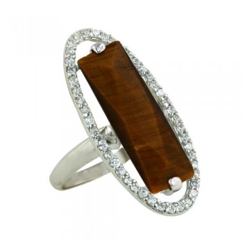 Sterling Silver Ring 24X8mm Tiger Eye Rectangular Chess Cut with Open Clear