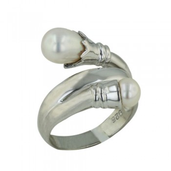 Sterling Silver Ring Oppositive 7+6mm White Fresh Water Pearl with Silver Bypass Lines