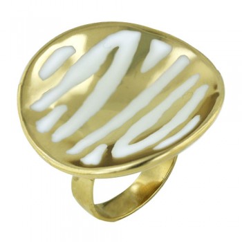 Sterling Silver Ring 30mm Gold+White Enamel Zebra Print Round S