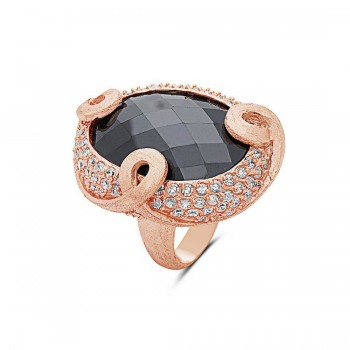 Sterling Silver Ring 30X23mm Black Cubic Zirconia Oval Chess Cut Rosegold Plat