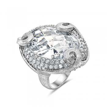 Sterling Silver Ring 30X23mm Clear Cubic Zirconia Oval Chess Cut Rhodium Plating Plate Scra