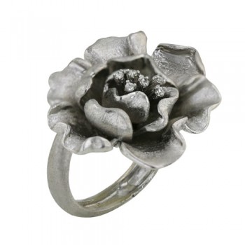 Sterling Silver Ring 29X29mm Folded Flower Petals Scratched with Clear