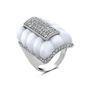 Sterling Silver Ring 27X18mm Clear Cubic Zirconia Rectangular with Synthetic White Arou