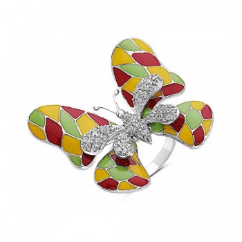 Sterling Silver Ring Red+Olivine+Champagne Enamel Butterfly