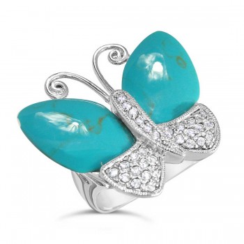 Sterling Silver Ring Recontructed Turquoise+Clear Cubic Zirconia Butterfly