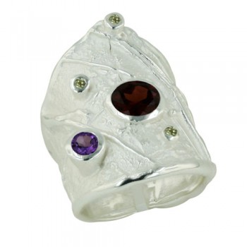 Sterling Silver Ring Garnet +Amethyst+Peridot Gemstone on Concave--E-coated/Nickle Free--