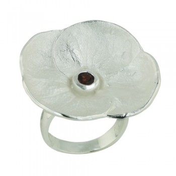 Sterling Silver Ring 31X27mm Folded Flower with 4mm Garnet Gemstone Ctr-