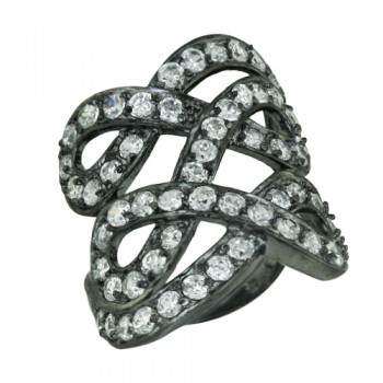 Sterling Silver Ring Black Rhodium Plating+Clear Cubic Zirconia Open Twisted Knots--Bkrh/Nickle Free-