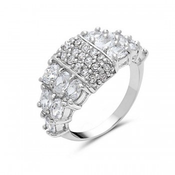 Sterling Silver Ring Clear Cubic Zirconia Multiple Side with Clear Cubic Zirconia Ctr--Rhodium Plating/Nickle Free--