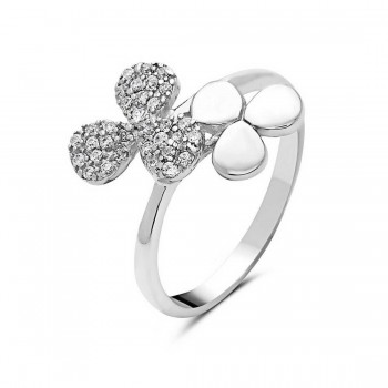 Sterling Silver Ring Paved Clear Cubic Zirconia 3 Petals Flower+Plain Silve