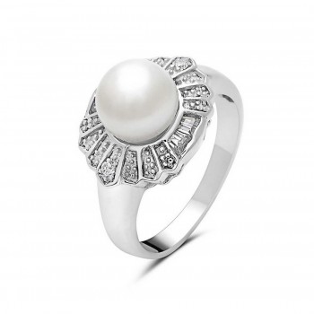 Sterling Silver Ring 8mm White Fresh Water Pearl with Clear Cubic Zirconia Around