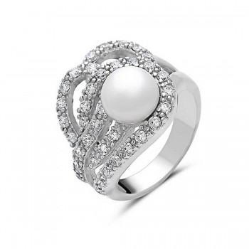 Sterling Silver Ring Clear Cubic Zirconia with 8mm White Fresh Water Pearl Rhodium Plating Plating