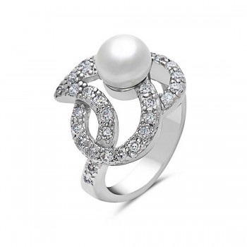 Sterling Silver Ring Clear Cubic Zirconia with 7mm White Fresh Water Pearl Rhodium Plating Plating