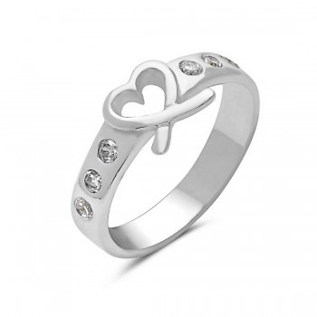 Sterling Silver Ring with Open Heart and Clear Cubic Zirconia-E-Coated-