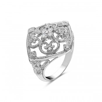 Sterling Silver Ring Square Shape Curve Filigree with Clear Cubic Zirconia
