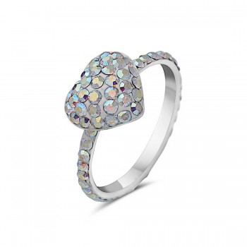 Sterling Silver Ring Small 10mm/10mm Puffy Heart with AB color Cyrstal Crystal