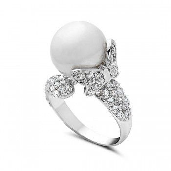 Sterling Silver Ring with 12 mm Shell Pearl with Clear Cubic Zirconia Butte