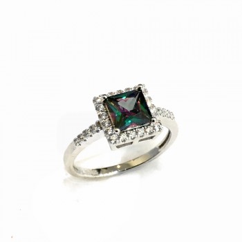 Sterling Silver RING SQUARE MYSTIC TOPAZ Cubic Zirconia CLEAR Cubic Zirconia AROUND