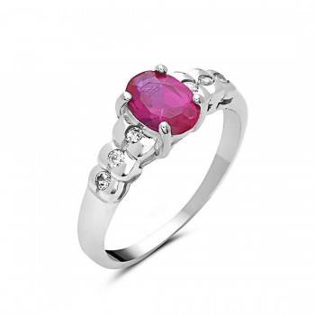 Sterling Silver Ring 5-6.5mm Oval Synthetic.Corundum 4-Prong with Clear Cubic Zirconia