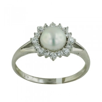 Sterling Silver Ring 6.7-6.7mm Fresh Water Pearl with Clear Cubic Zirconia