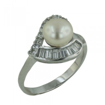 Sterling Silver Ring Open Heart Clear Cubic Zirconia Line with 6.5mm Fresh Water Pearl