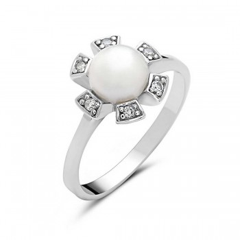 Sterling Silver Ring Clear Cubic Zirconia with Fresh Water Pearl 6.5 mm 6 Petals Flower