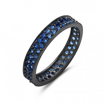 Sterling Silver Ring Band with Blue Topaz 2 Rows-Black Plated-