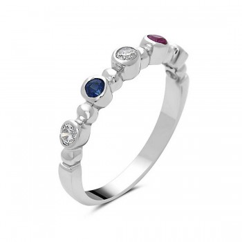 Sterling Silver Ring 3 Round Clear Cubic Zirconia+1 Ruby Cubic Zirconia+1 Sapphire Cubic Zirconia Beze