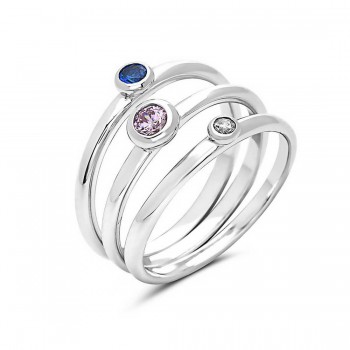 Sterling Silver Ring 3Pc Stackable Pink Cubic Zirconia, Sapphire Glass, Cle