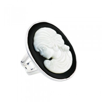 Sterling Silver Ring 23X32mm Onyx Oval Face Cameo Lady Silhouette