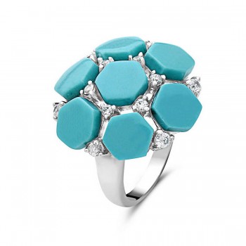 Sterling Silver Ring Hexagon Turquoise Form Flower with Clear Cubic Zirconia