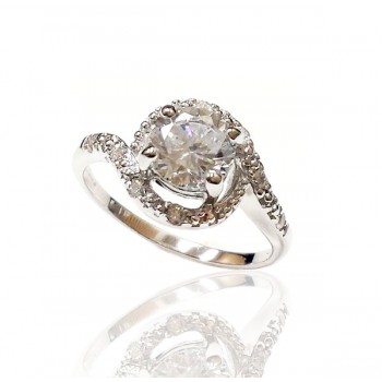 Sterling Silver Ring 7mm Center Opposite Side Wave with Clear Cubic Zirconia