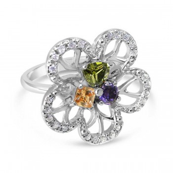 Sterling Silver Ring Flower Clear Cubic Zirconia Outline Amethyst/Champagne/Olivine Center