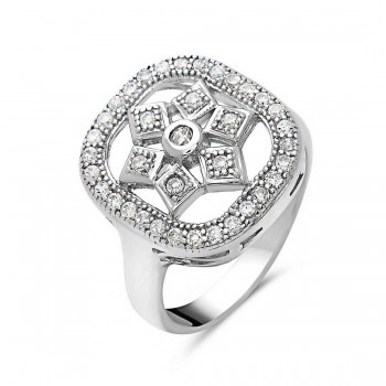 Sterling Silver Ring Micro-Paved Open Cushion Snowflake Center