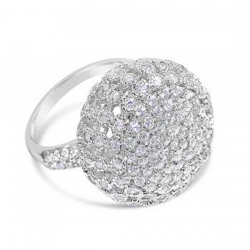 Sterling Silver Ring Open Puffy Dome with Clear Cubic Zirconia Rhodium Plating Plated