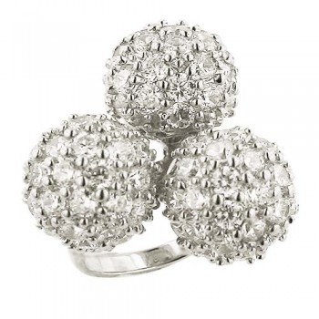 Sterling Silver Ring 3 Clear Cubic Zirconia Paved Balls Rhodium Plated